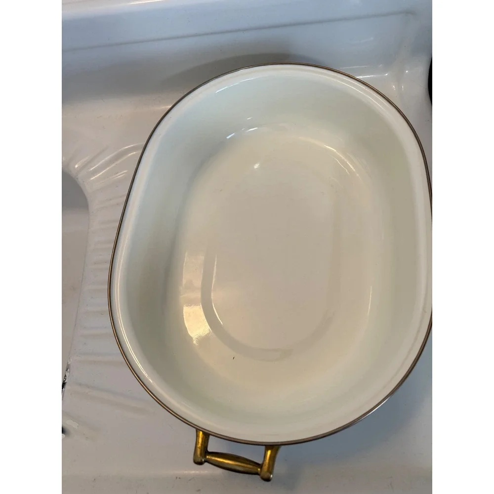 Vintage Fruit Motif Enamelware Roasting Pan with Lid and Rack Brass Handles - Picture 6 of 12